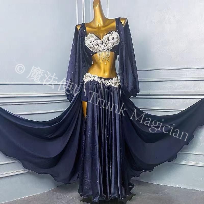 ベリーダンス オリエンタル衣装 トップス スカート オーダーメイド ステージ衣装 上下セット オリエンタルベリーダンス服 ビーズスパンコール ネイビー