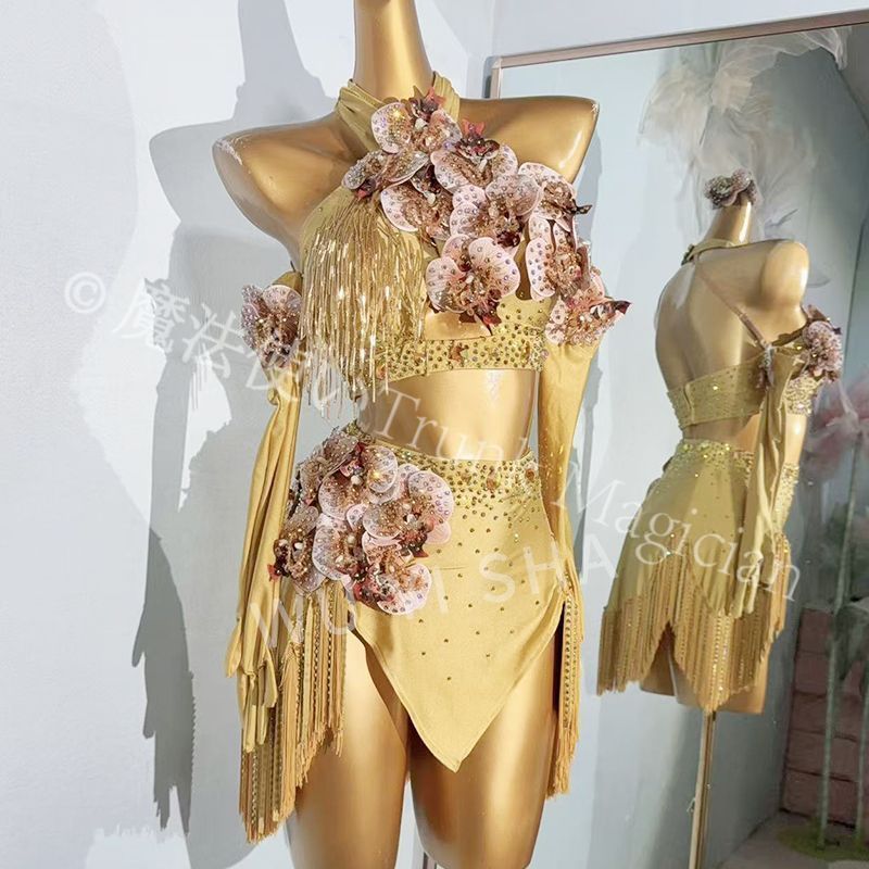 ♥ ラテンダンス衣装 金色 花飾り付き フリンジドレス 豪華ステージ衣装 発表会用 競技用 大人～子供対応