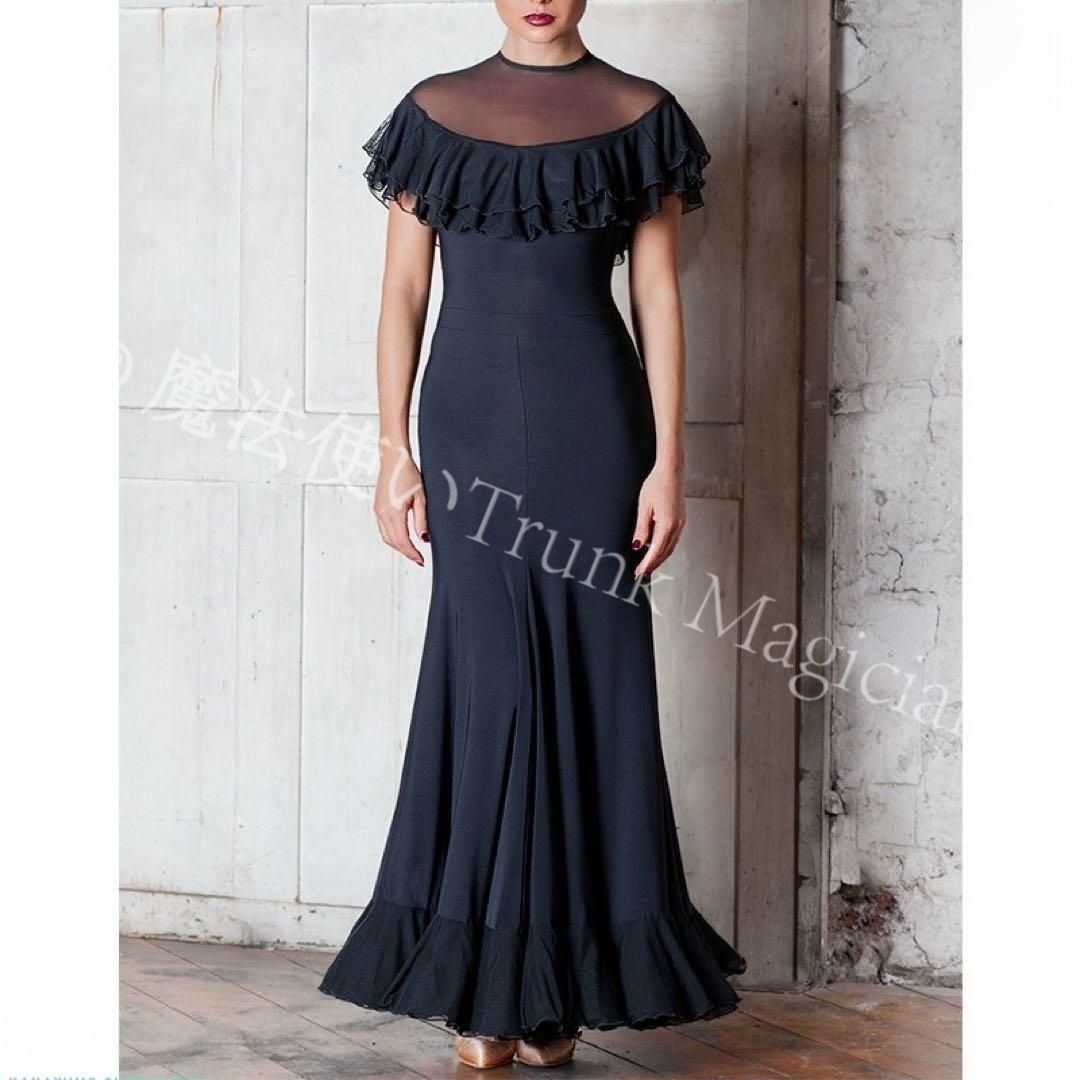 社交ダンスドレス スカラップ裾広 裾フリルデザインモダン ワルツダンスドレス 撮影会 舞台 イベント