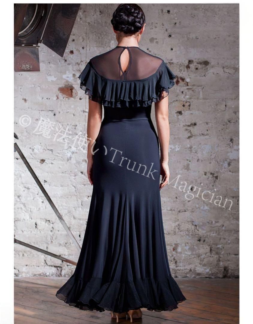 社交ダンスドレス スカラップ裾広 裾フリルデザインモダン ワルツダンスドレス 撮影会 舞台 イベント