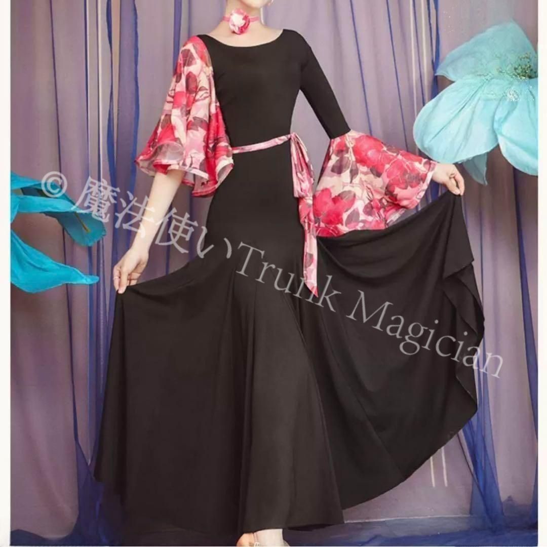 裾が特徴的な華やかスタンダードドレス✦ダンスパーティーやデモにもオススメ✨ 新品未使用】花柄スタンダードドレス デモや発表会、ダンスパーティー