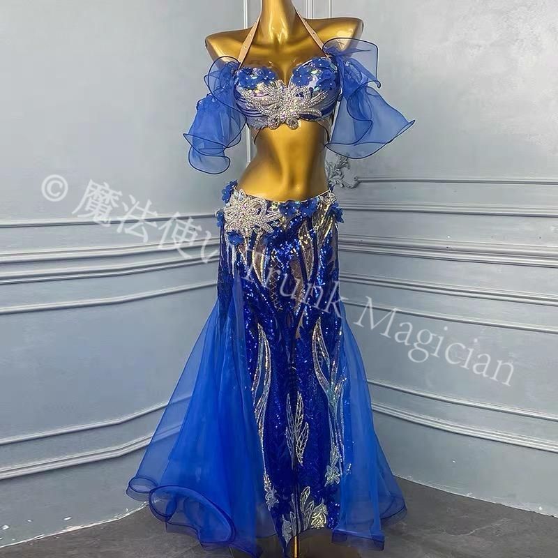 【新品未使用】ベリーダンス オリエンタル衣装 刺繍 ブラ スカート オーダーメイド ステージ衣装 紺色 CWF1205P091