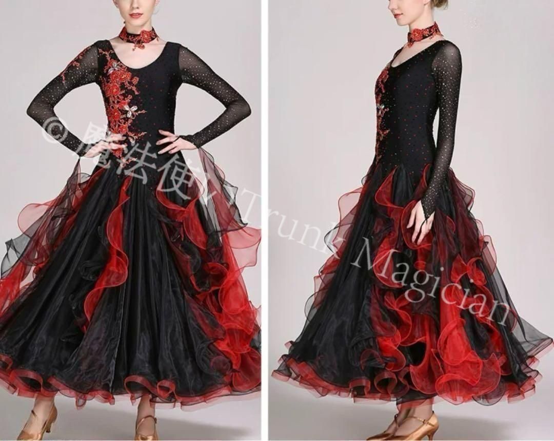 社交ダンス 大きい裾 赤黒 豪華競技着 ドレス モダンドレス 撮影会 舞台 イベント