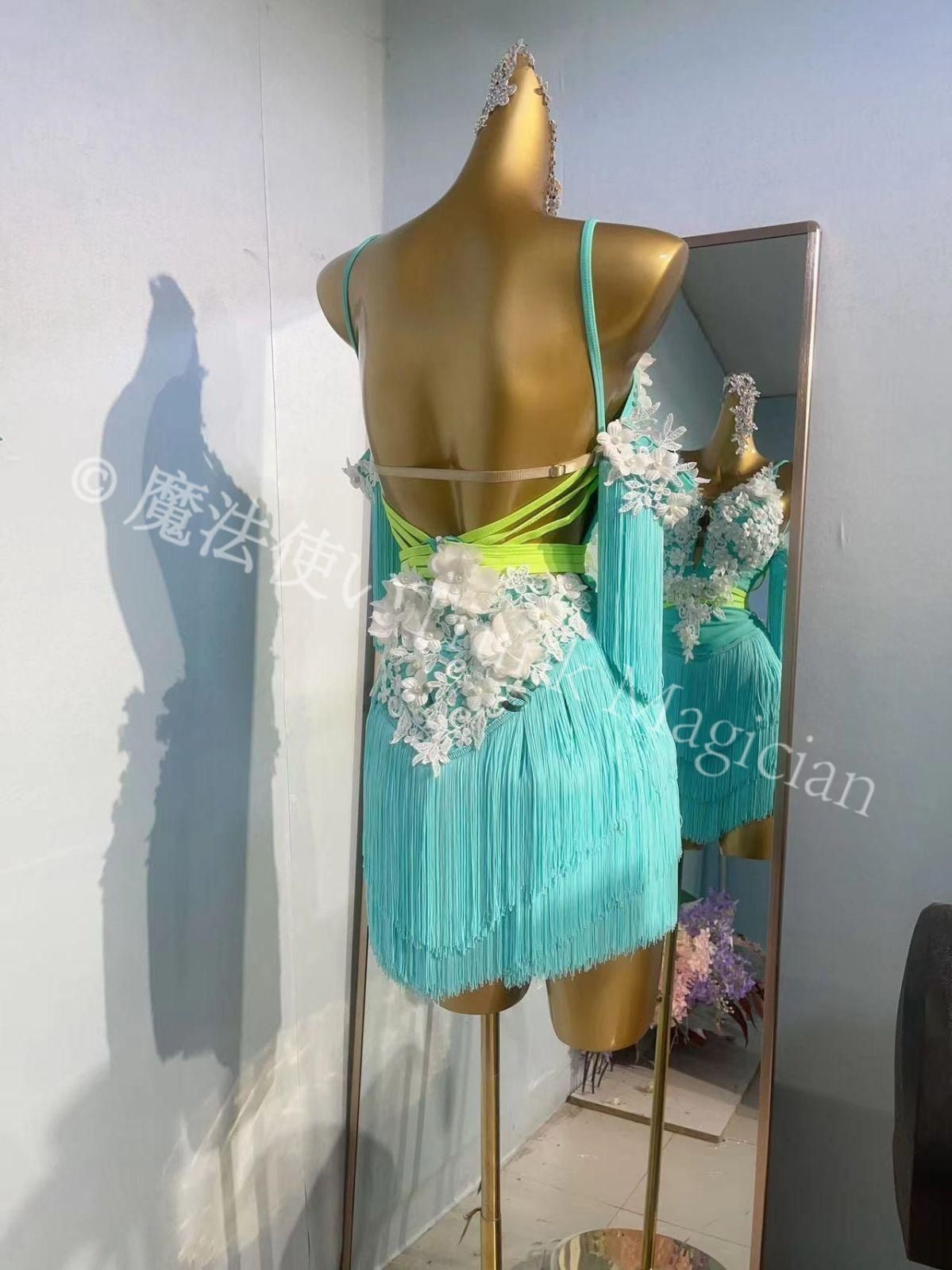 ラテンダンス衣装 フリンジドレス ブルーグリーン 花装飾 大人～子供用 ステージ用 競技用 カスタムオーダー可