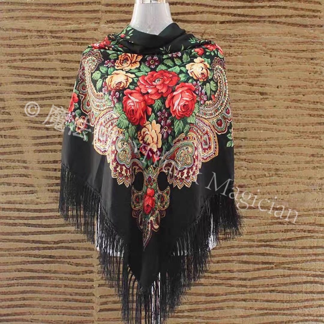 黒地に赤 が映える大判ショール 防寒ストール フラメンコ マントンにも