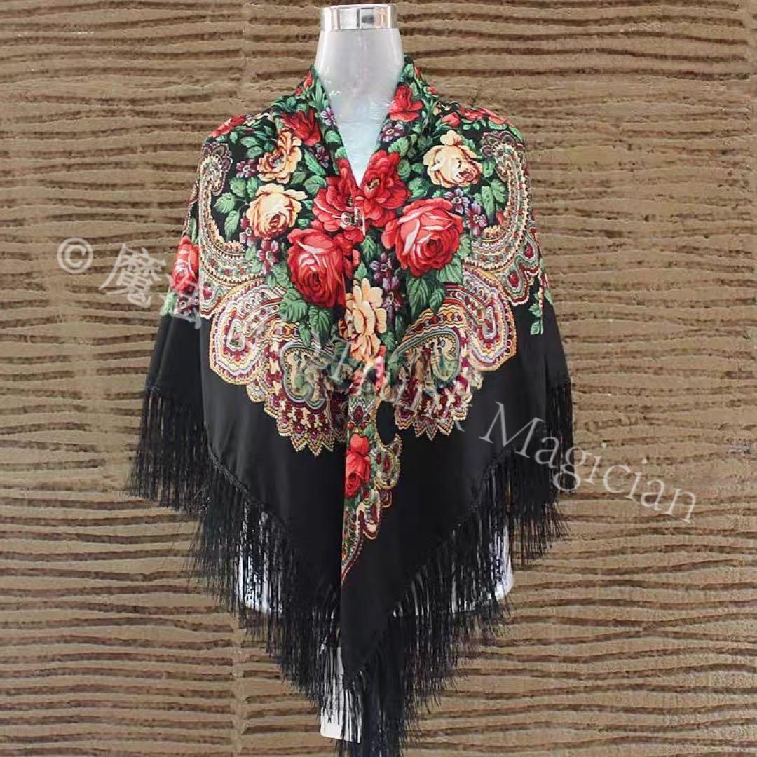 黒地に赤 が映える大判ショール 防寒ストール フラメンコ マントンにも