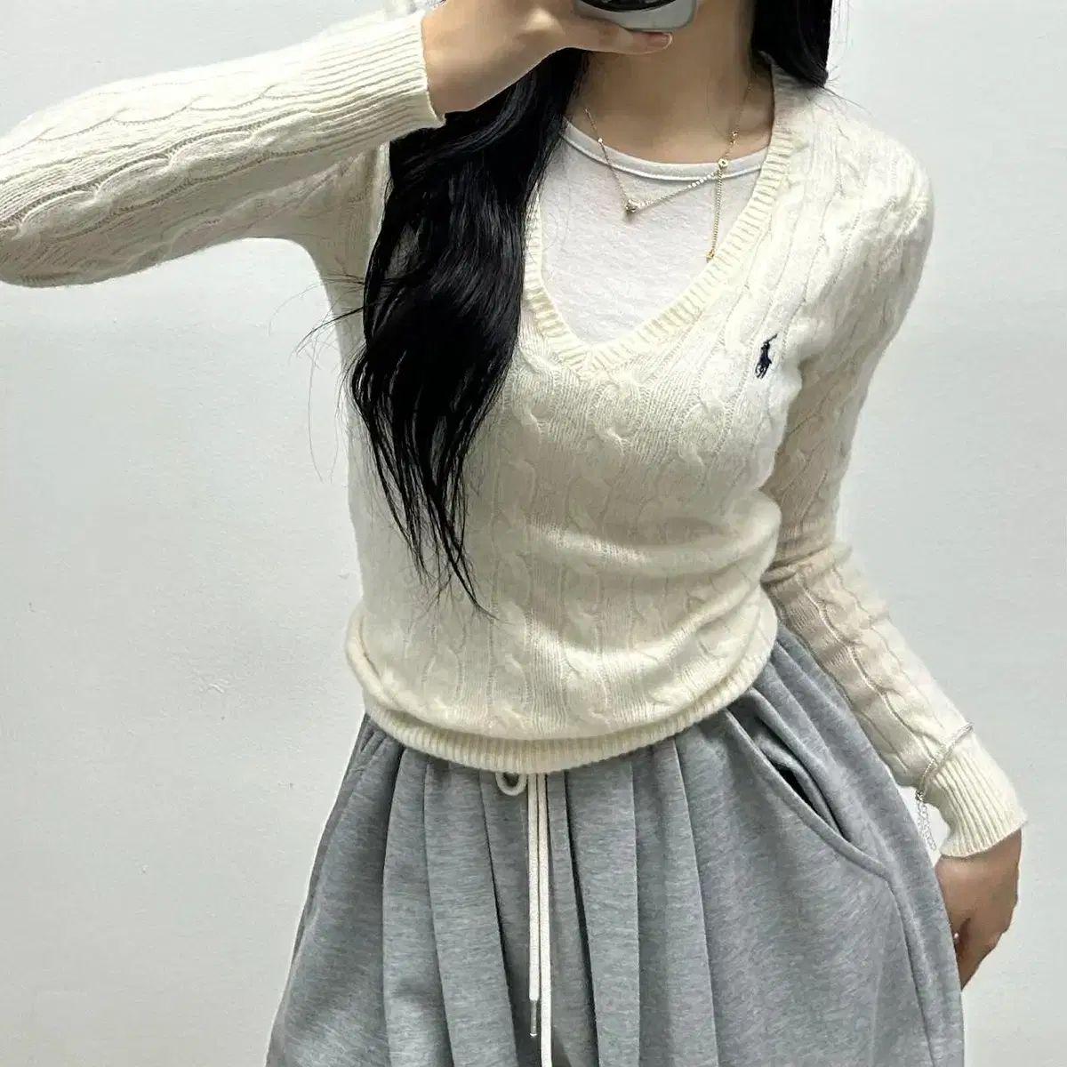 POLO RALPH LAUREN ポロラルフローレン ピングガール アイボリー ウール カシミア Vネック ガールズ ニット (M)