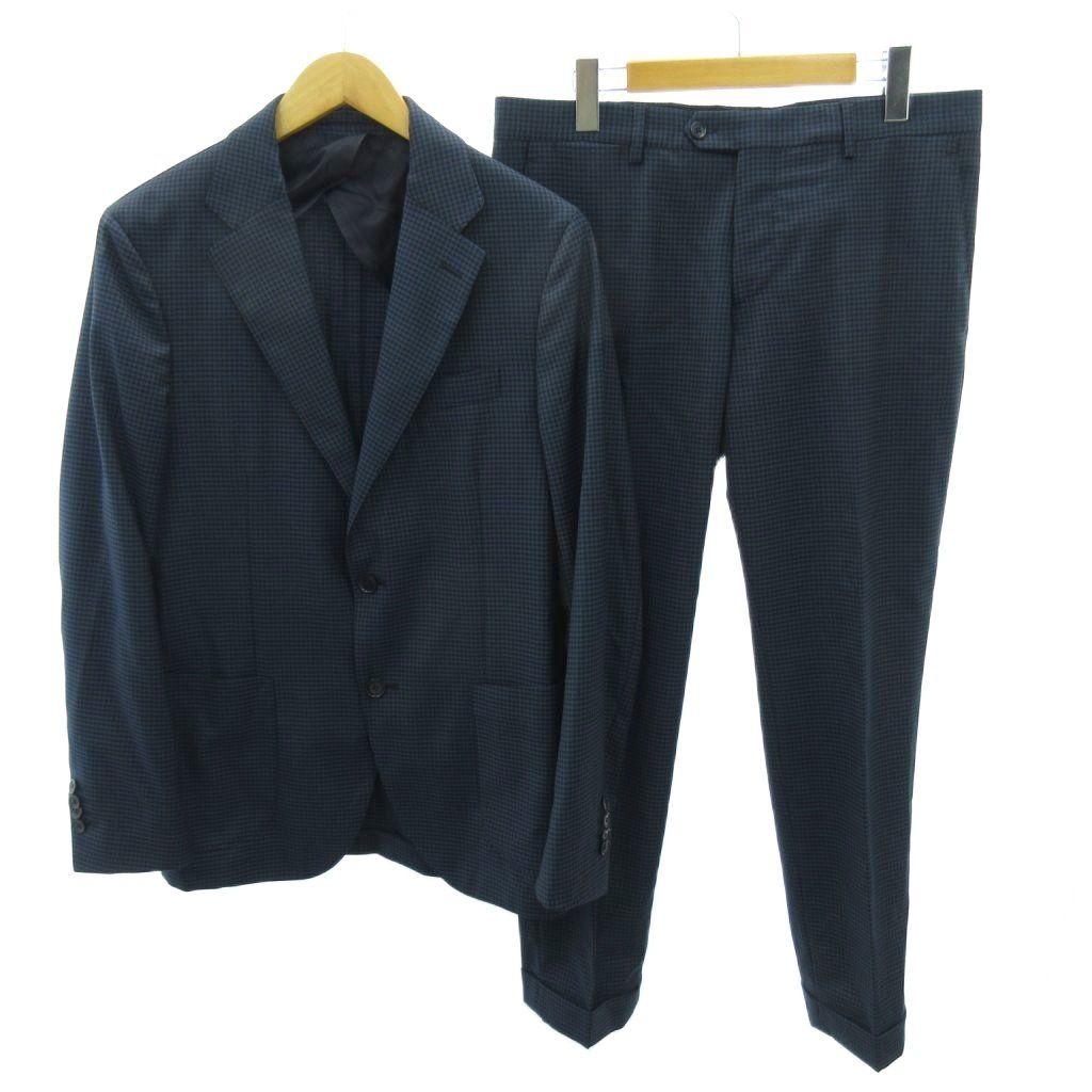 ラルディーニ LARDINI スーツ セットアップ テーラードジャケット パンツ チェック柄 ウール 48 紺 ネイビー 1206