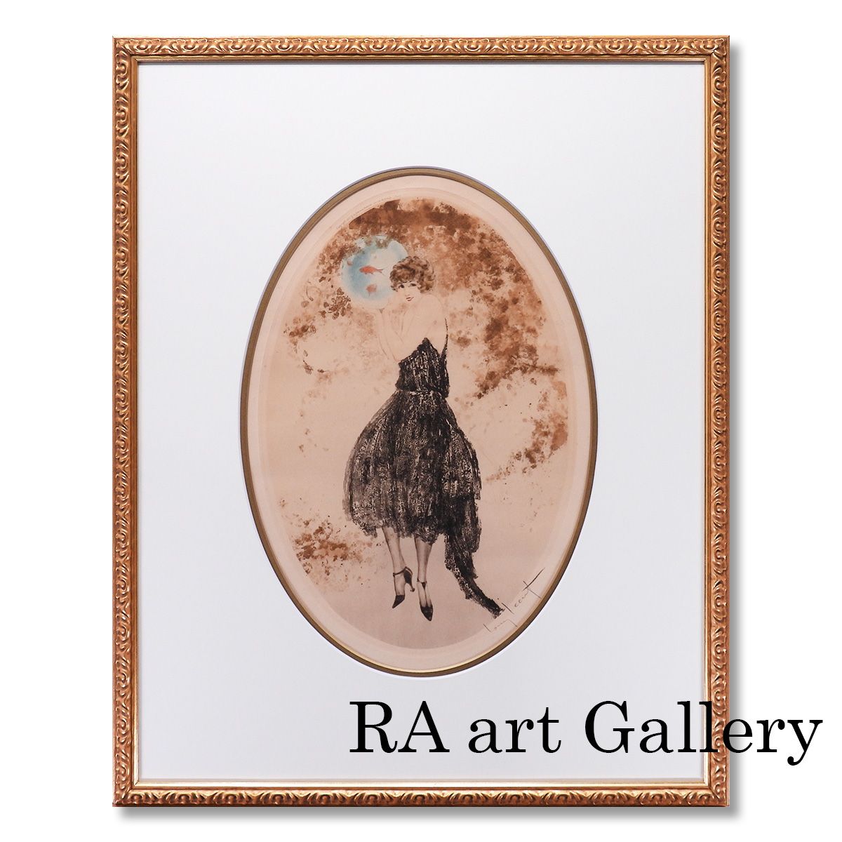 ルイ イカール 金魚鉢 人物画 女性像 美人画 魚 作家直筆サイン 11日まで展示 アート アンティーク 版画 絵画 げ交渉
