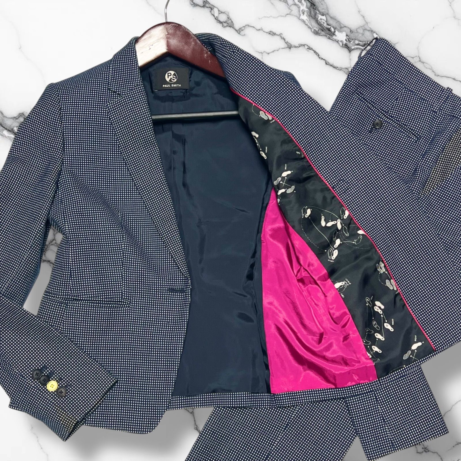 美麗品 PS Paul Smith ポールスミス ドット セットアップ スーツ パンツ ネイビー ウール コットン 総裏 日本製 he