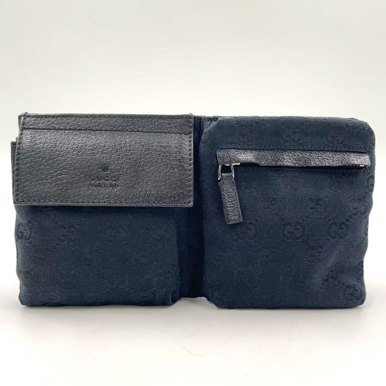 GUCCI シェリーライン レザー キャンバス ブラック ボディバッグ シルバー 162962