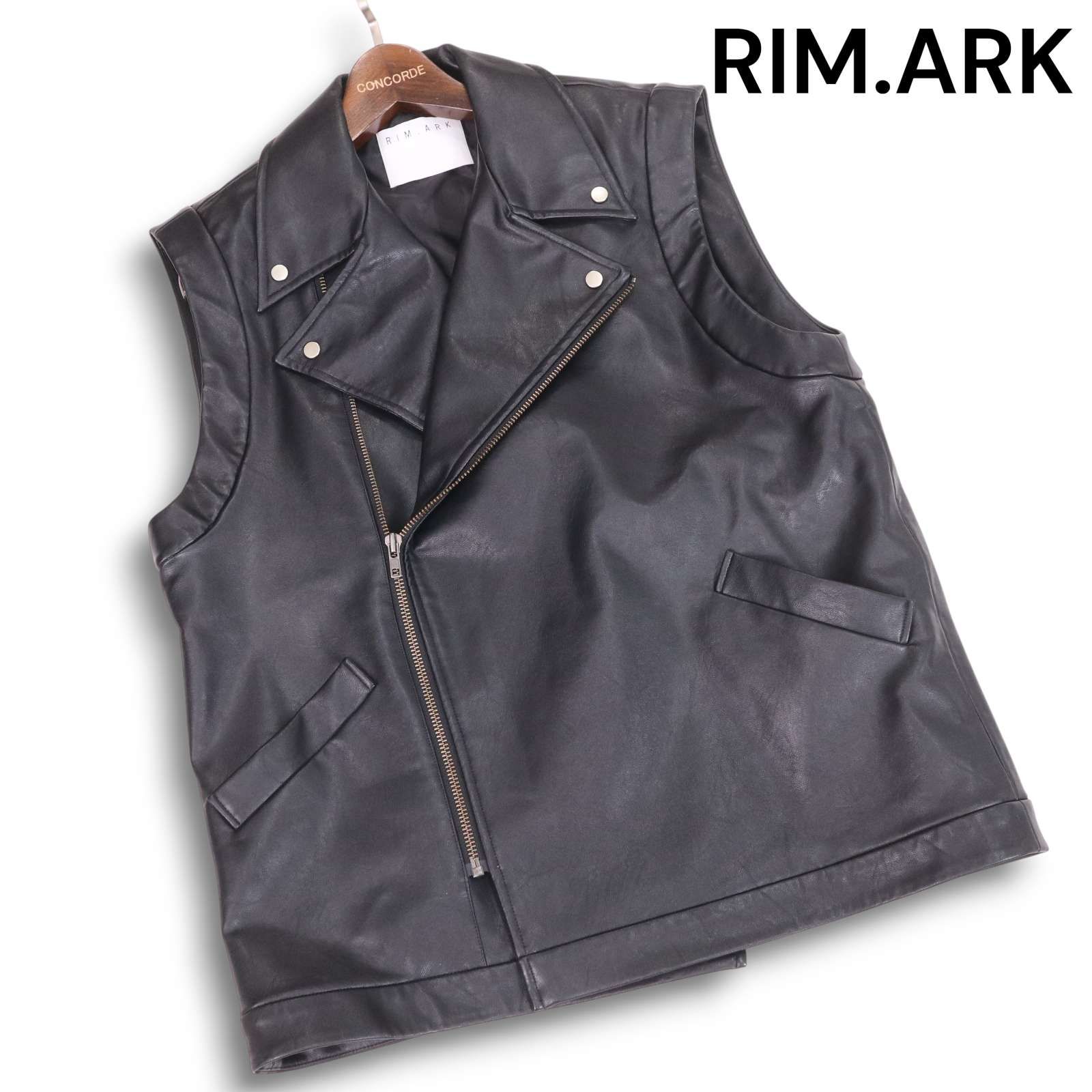 RIM.ARK リムアーク Riders box shaped vest Fレザー ライダース バイカー ベスト Sz. レディース 黒