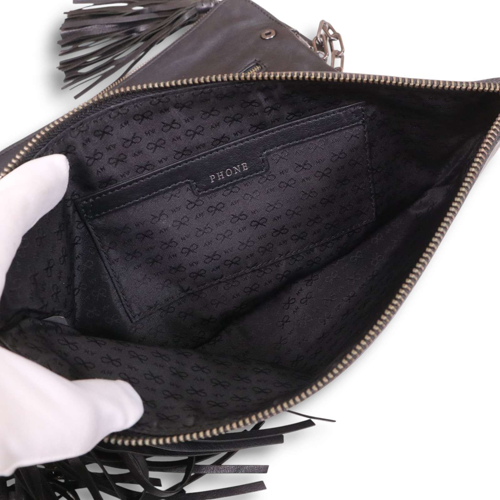 未使用✨アニヤハインドマーチ レザー フリンジショルダーバッグ ブラック Anya Hindmarch アニヤハインドマーチ ロゴ♪ レザー フリンジ