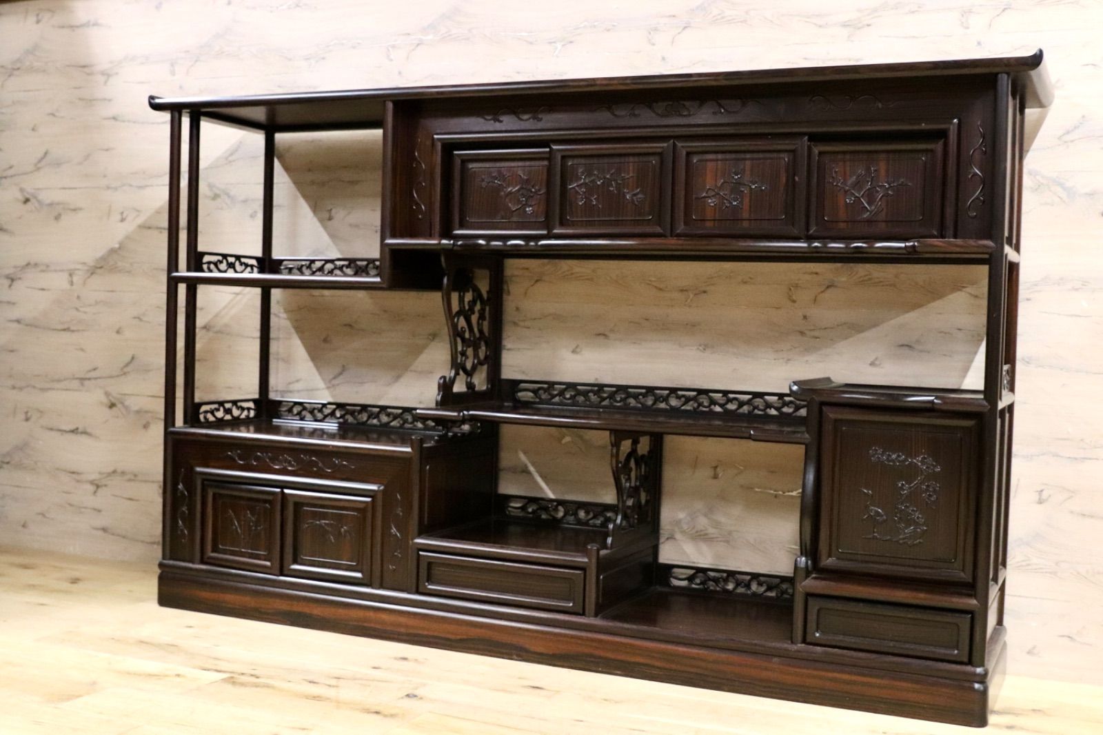 GMIH 329 最 黒檀 茶棚 サイドボード リビングボード 飾り棚 キャビネット 和家具 レトロ 煎茶道具 違い棚 アンティーク 約250万