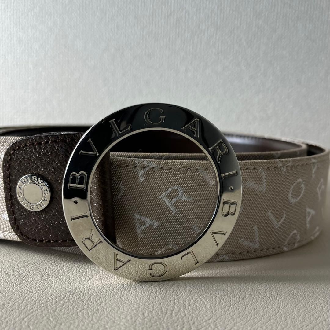 未使用級 BVLGARI ロゴマニア ベルト レザー キャンバス シルバー金具