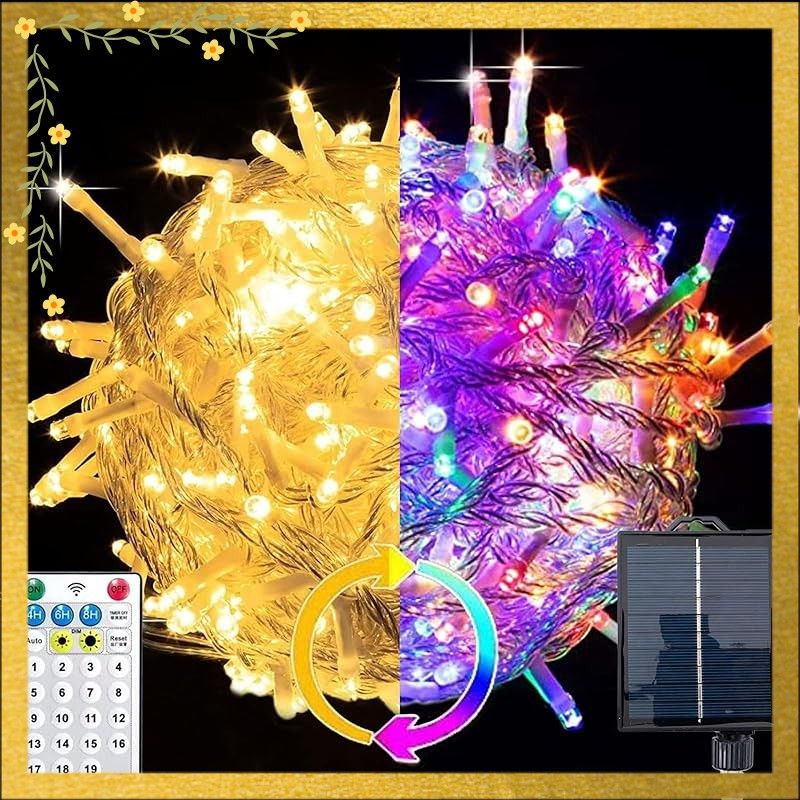 ソーラー つらら LED イルミネーション 防水 「暖かい色・カラフル切替」 200球 6.5M カーテンライト 省エネ 防水 調光 調色 タイマー機能 リモコン操作 クリスマス/新年/結婚式/祝日/パーティーイルミネーション 0