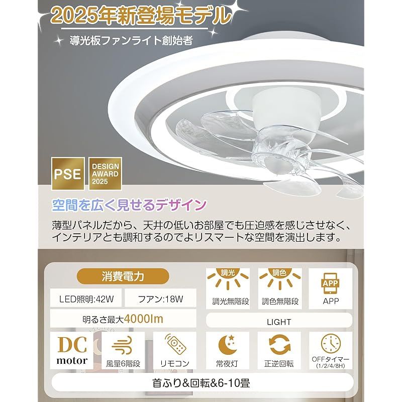 ONRIU シーリングファンライト led 導光板 ファン付き照明 4 000 LM 150 W相当 8 10畳 サーキュレーター 無階段調色調光 DCモーター 正逆回転 常夜灯モード 風量6段階調節 昼光色 昼白色 電球色 メモリ タイマー機能 APP 2. 0