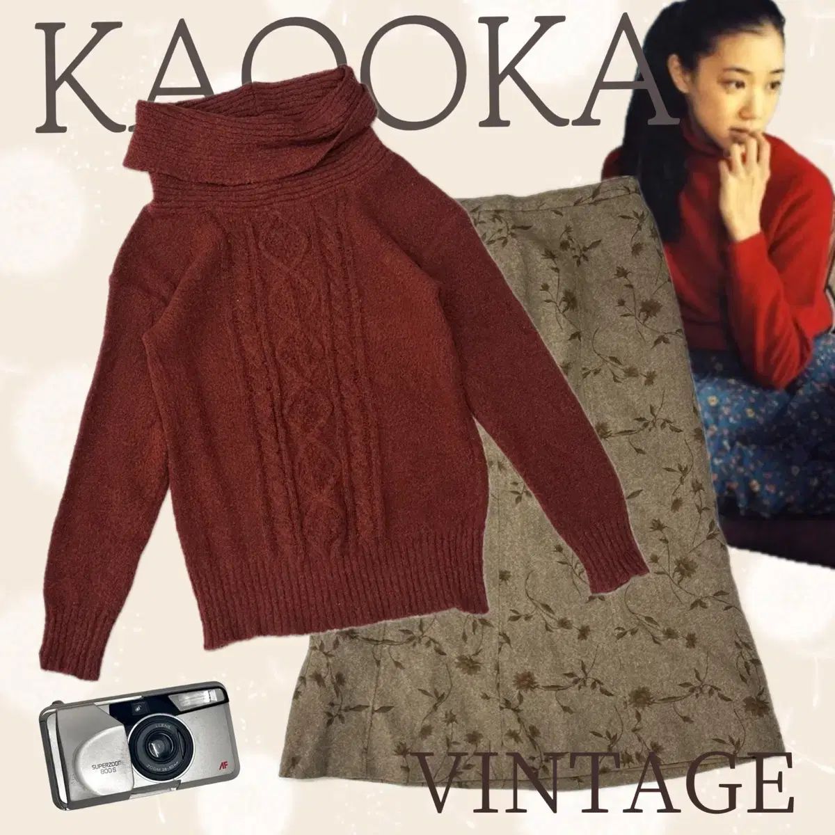日本ヴィンテージ レトロ 蒼井 優 秋 冬 レッド ニット スカート コーディネートセット