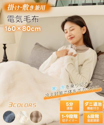 電気毛布 掛け 敷き 2025 AI自動温度調整 表面ラビットファー調 裏面フランネル 160 80 cm 膝掛け 肩掛け 洗える 12時間タイマー付 6段階温度調整可 電気ブランケット 省エネ 自動オフ PSE認証済 シングル 速 dbe 32807