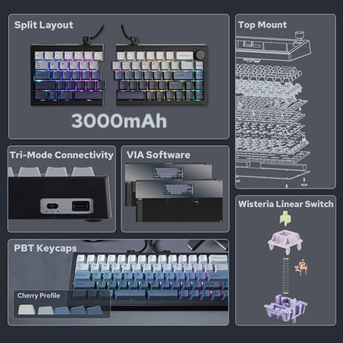 Split 65 QMK VIA プログラマブルキーボード 2.4 Ghz Bluetooth Type-Cワイヤレスメカニカルキーボード RGBバックライト付きスプリットレイアウトのエルゴノミクスゲーミングキーボード 88 b 8 a 894
