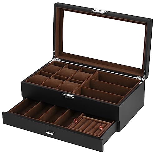 Baskiss 2層木製時計ケース 腕時計 眼鏡 ジュエリー収納ボックス 腕時計6本 サングラス7本 指輪 ブレスレット収納 ケース メガネ7本 51 e 24 9 d