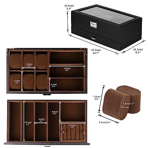 Baskiss 2層木製時計ケース 腕時計 眼鏡 ジュエリー収納ボックス 腕時計6本 サングラス7本 指輪 ブレスレット収納 ケース メガネ7本 51 e 24 9 d