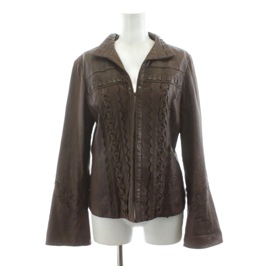 レリアン Leilian レザージャケット レースアップ フ スリーブ スカラップ リボン 9 茶 ブラウン 08447 |KU
