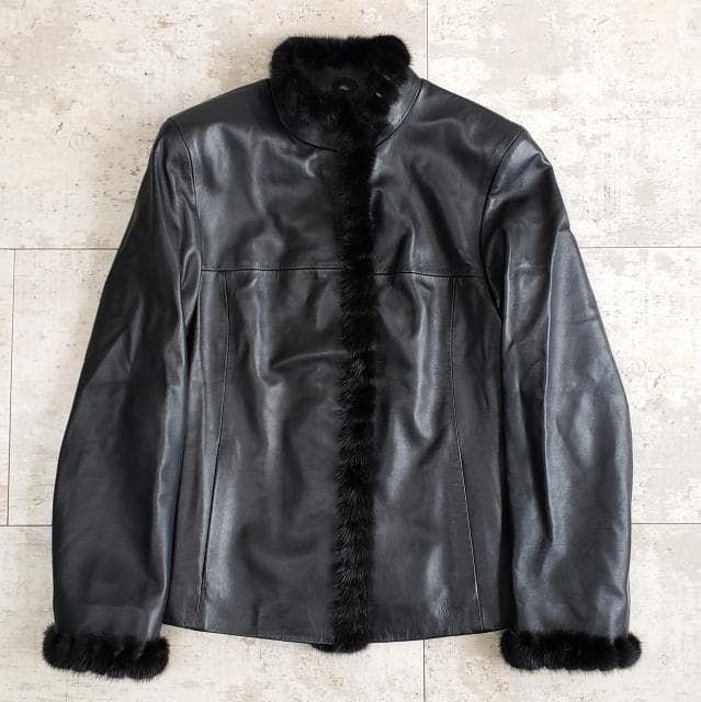 ピノーレ PINORE ミンクファー付 レザー ノー ジャケット 38 ブラック 黒