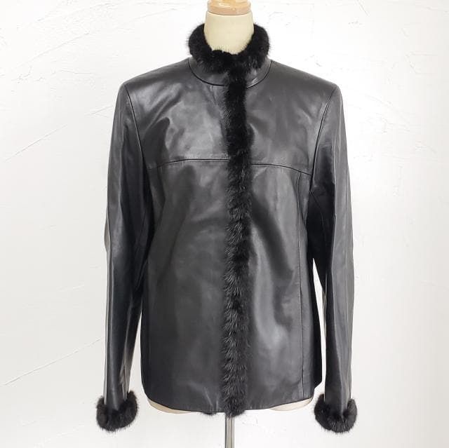 ピノーレ PINORE ミンクファー付 レザー ノー ジャケット 38 ブラック 黒