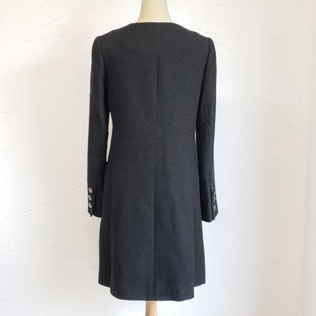 エムプルミエ ブラック ☆ ツイード ノーカラー ロングコート 36 日本