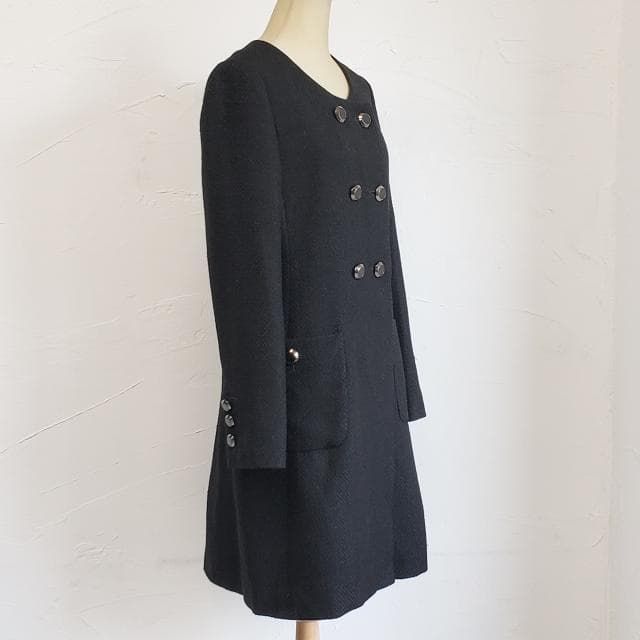 エムプルミエ ブラック ☆ ツイード ノーカラー ロングコート 36 日本