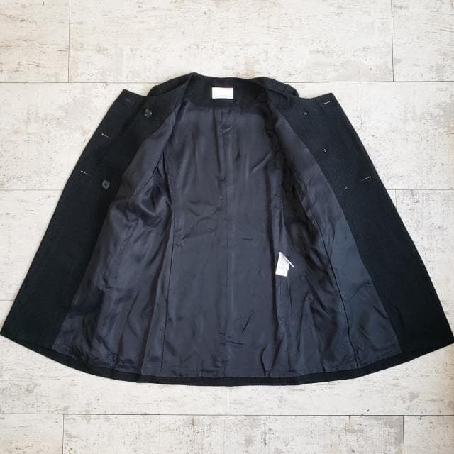 エムプルミエ ブラック ☆ ツイード ノーカラー ロングコート 36 日本