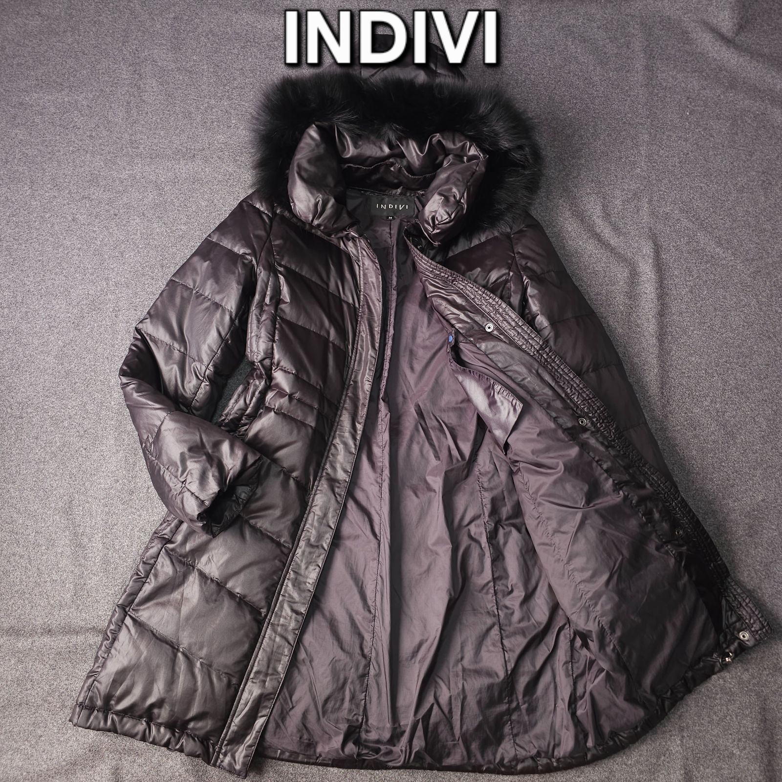 INDIVI インディヴィ 秋冬 2WAY フォックスファー ロングダウンコート 38 M 黒 レディース フード着脱可 Aラインシルエット