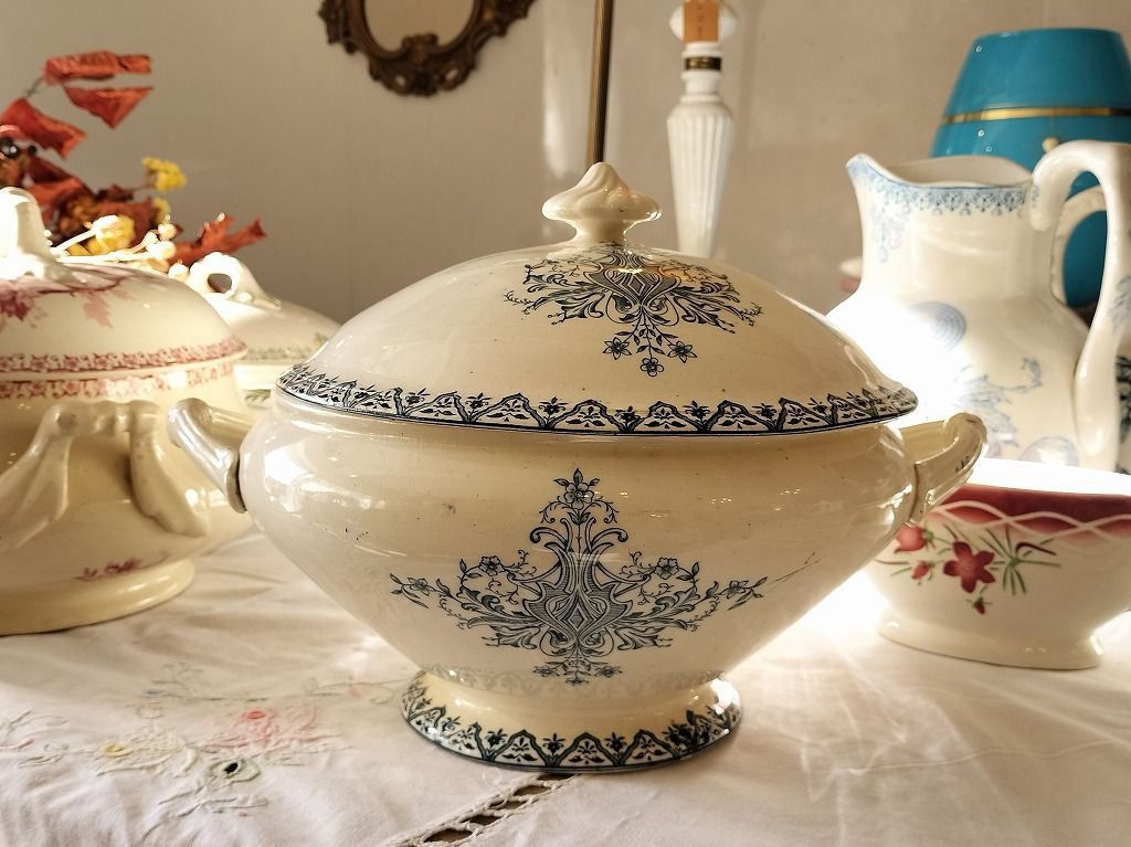 フランス アンティーク 絵付き Salins 素敵な 蓋つき スーピエール 1900年