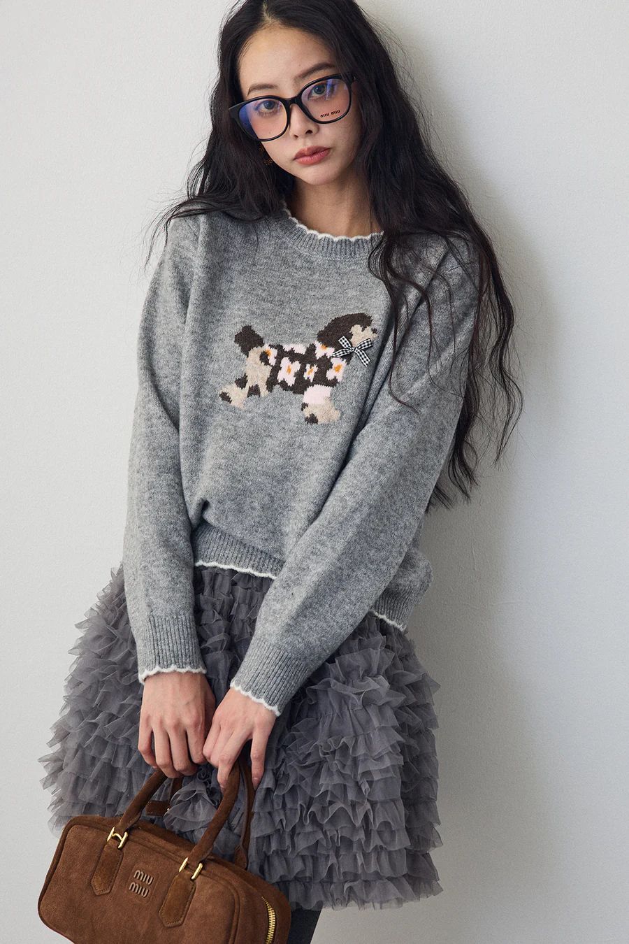 Frene ドッグジャガードニット ホイップチュールミニ丈スカートグレー