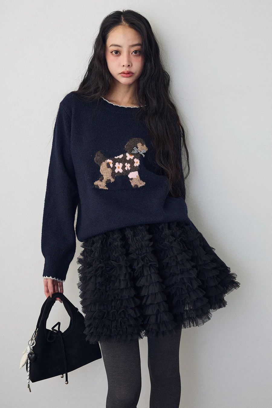 Frene ドッグジャガードニット ホイップチュールミニ丈スカート ネイビー クロ