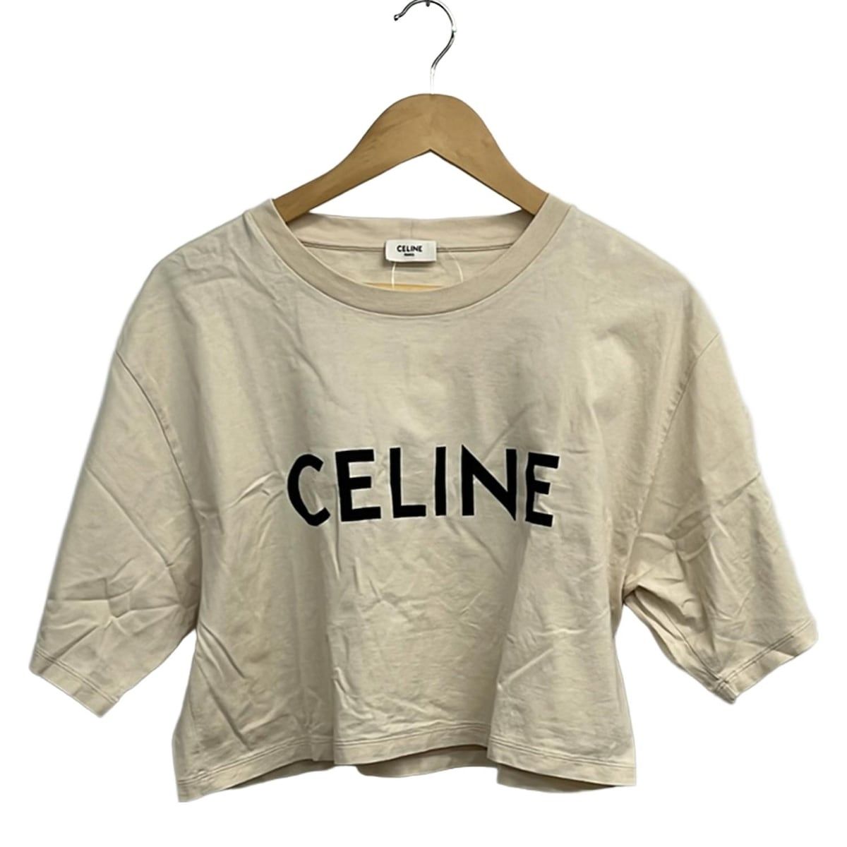CELINE セリーヌ Tシャツ サイズL レディース ベージュ 黒 クルーネック クロップド丈 ロゴ