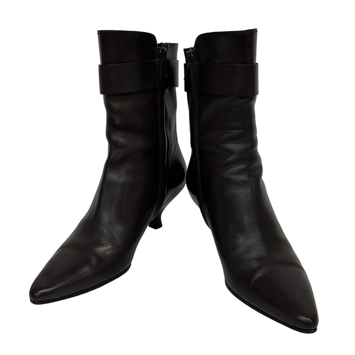 サルバトーレフェラガモ ブーティ 4 1 2 D BANG 0303443 ダークブラウン×黒×ゴールド ガンチーニ ポインテッド レザー