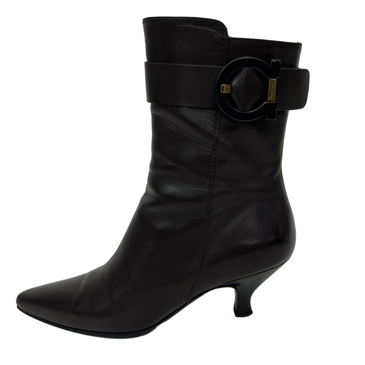 サルバトーレフェラガモ ブーティ 4 1|2 D BANG 0303443 ダークブラウン×黒×ゴールド ガンチーニ|ポインテッド レザー