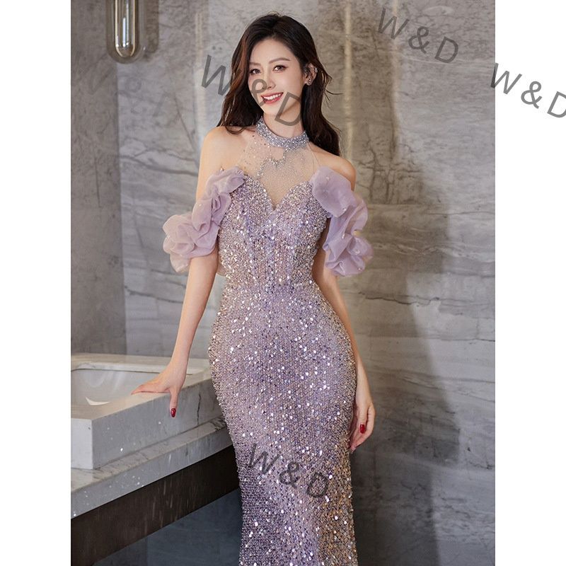 イブニングドレス ホルターネック フレンチエレガント 魚尾シルエット パープル 軽奢華 司会 パーティー 上品 2025 神秘的なパープルと魚尾の曲線が魅せる 洗練されたフレンチエレガンスのホルターネックドレス