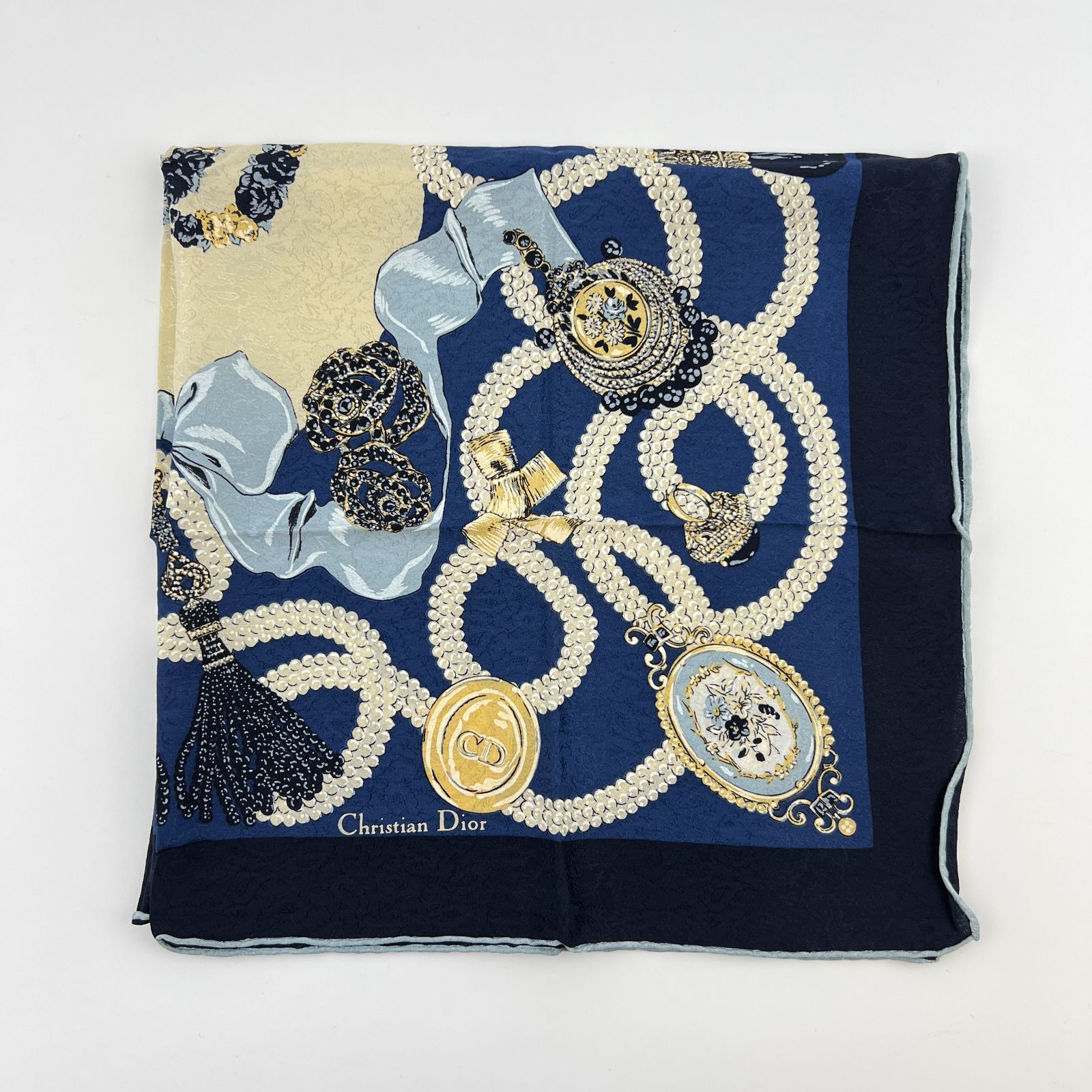 【✨美品】クリスチャンディオール シルク スカーフ 大判 ゴールド金具 ネイビー 中古】Christian Dior クリスチャンディオール シルク スカーフ マルチ