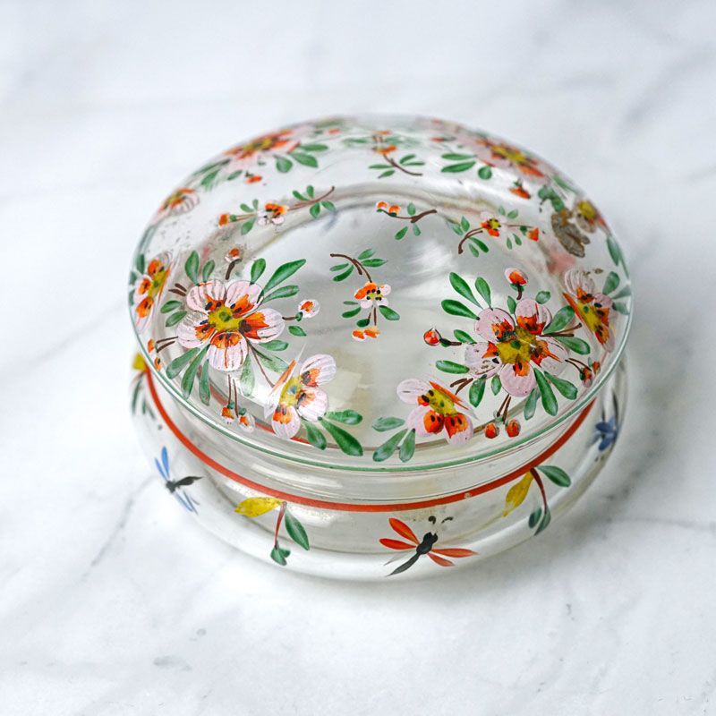 チェコスロバキア　アンティーク　エナメルフラワー　ドラジェ用ボンボニエール チェコ製エナメル絵の ヴィンテージ ガラスのボンボニエールW10.5×H7cm