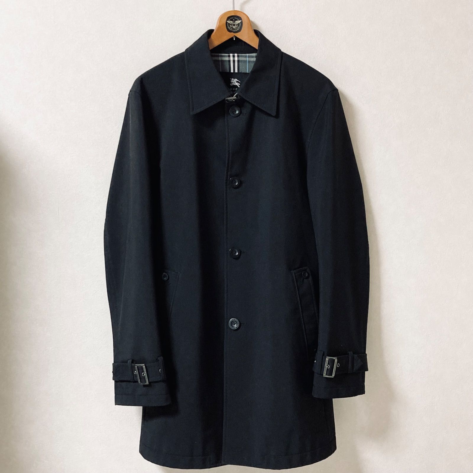 BLACK LABEL バーバリーブラックレーベル ステンカラーコート ベルト ベルテッド ハーフ ブラック×裏地ノバチェック sizeL 三陽商会 シングル スロートラッチ カフストラップ メンズ ラグジュアリー Y 2 K