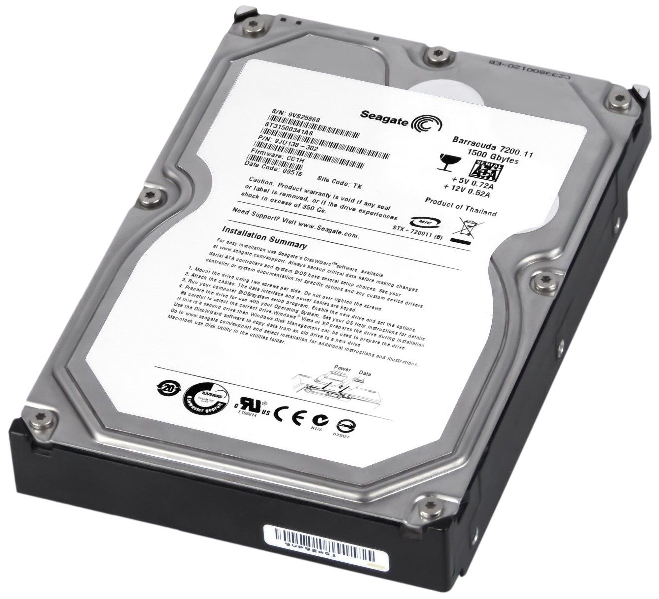 hddパソコン 3年保証】Seagate Barracuda 7200.11 ST31500341AS 卸売 1.5TB 7.2K