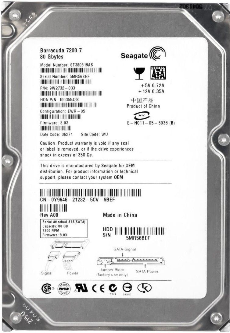 3年保証 Hard Drive Dell 0 Y 9646 80 GB 7200 RPM 8 MB Cache SATA II 3.5 Inch