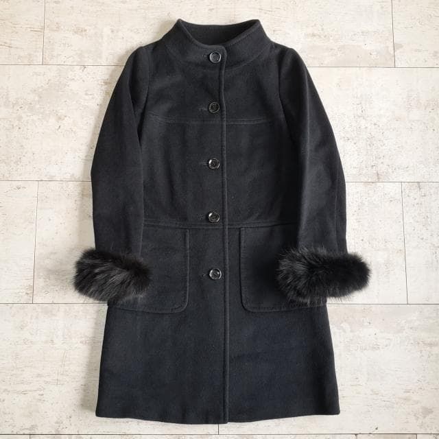 マテリア アンゴラ 羊毛 ファー ロング コート 38 MATERIA ロングコート アンゴラ混 ベルト付 ブルーフォックスファー 38