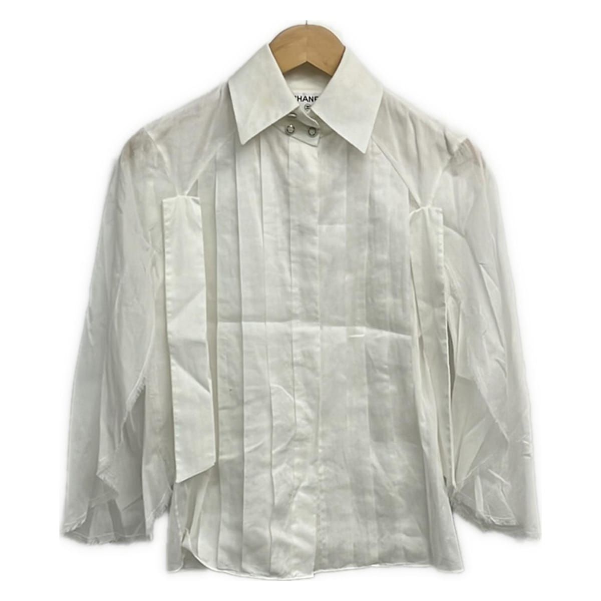 CHANEL シャネル 七分袖シャツブラウス サイズ36 S レディース - P 37181 白 2010年 リボン カットオフ シースルー