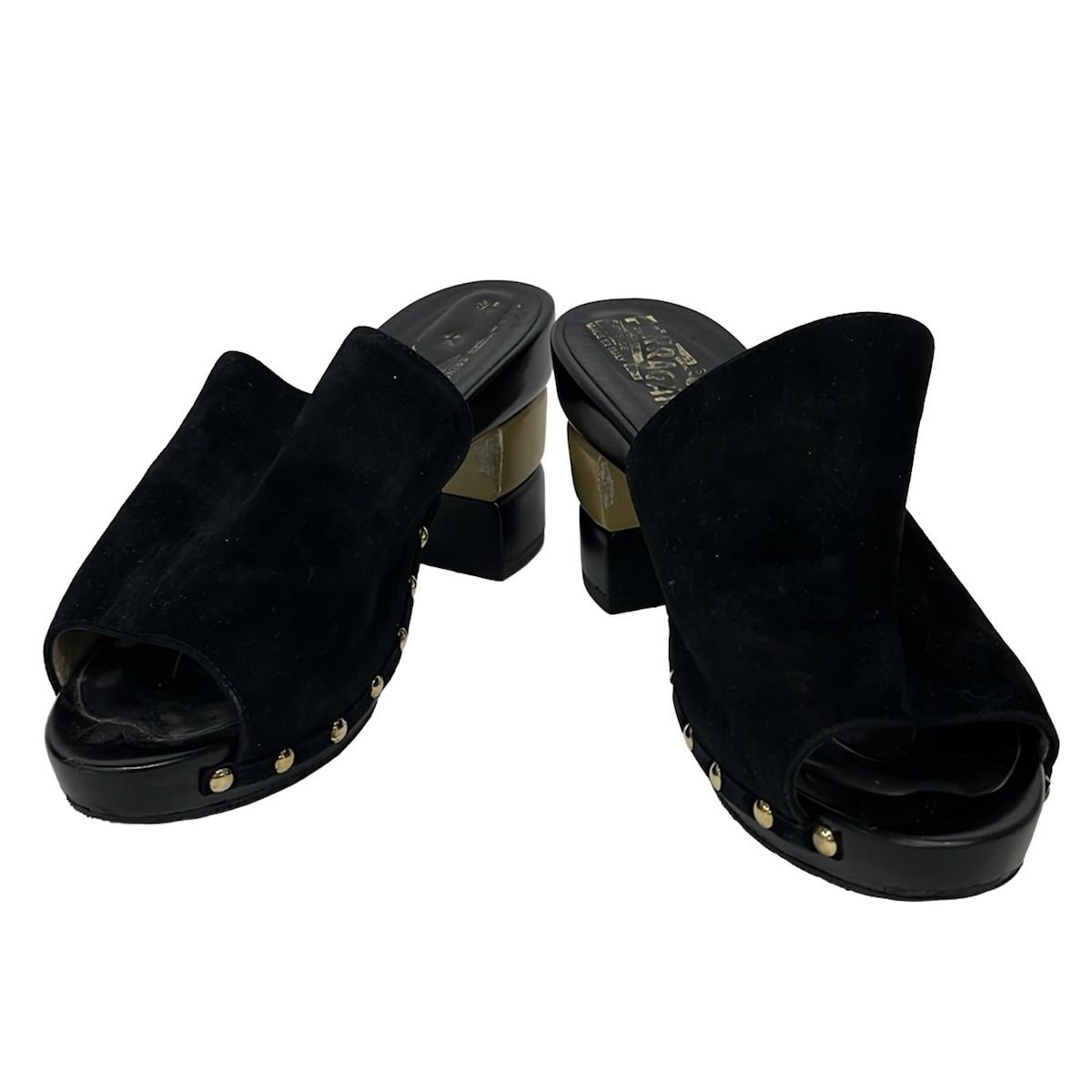 SalvatoreFerragamo サルバトーレフェラガモ ミュール 7 レディース - 黒×ゴールド スタッズ オープントゥ アウトソール張替済