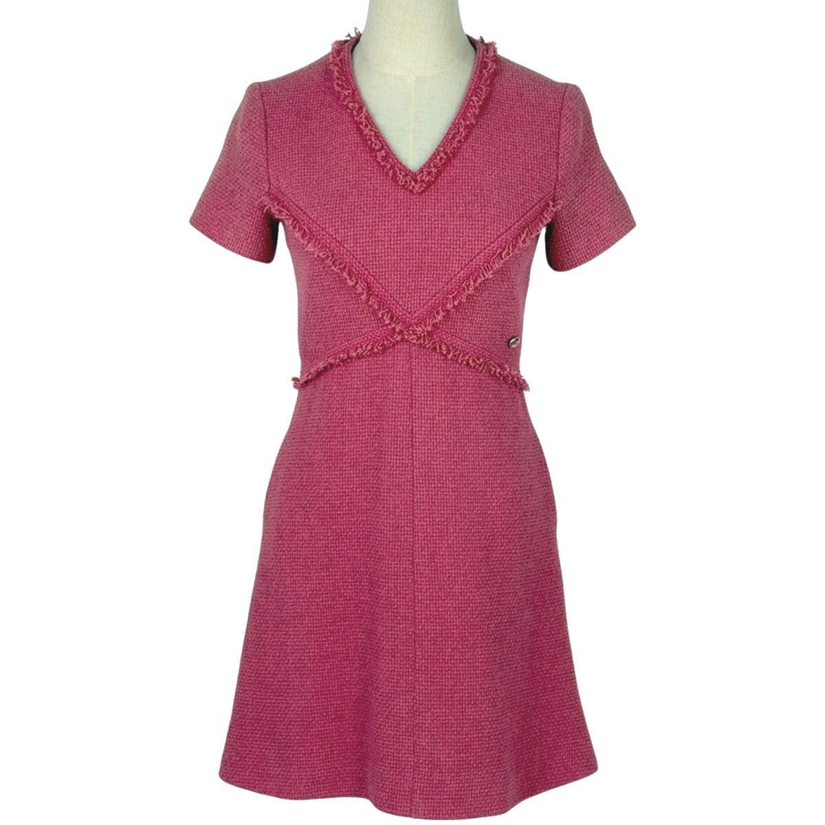 シャネル CHANEL ココマークボタン ワンピース ツイード 半袖 Vネック ボトムス スカート コットン ピンク レディース