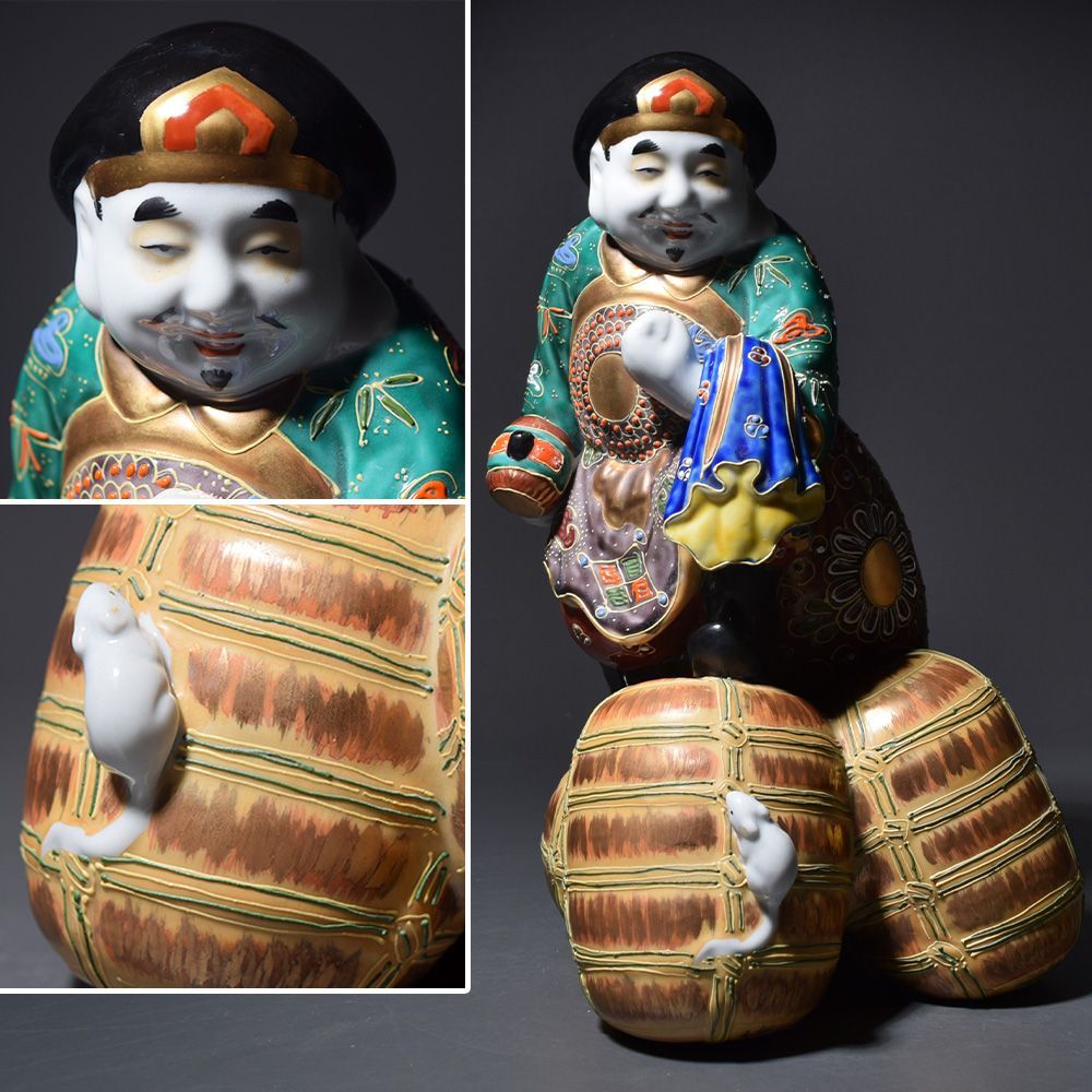 九谷焼 大黒天像 高さ約29cm 色絵金彩 置物 縁起物 細密細工 古美術品